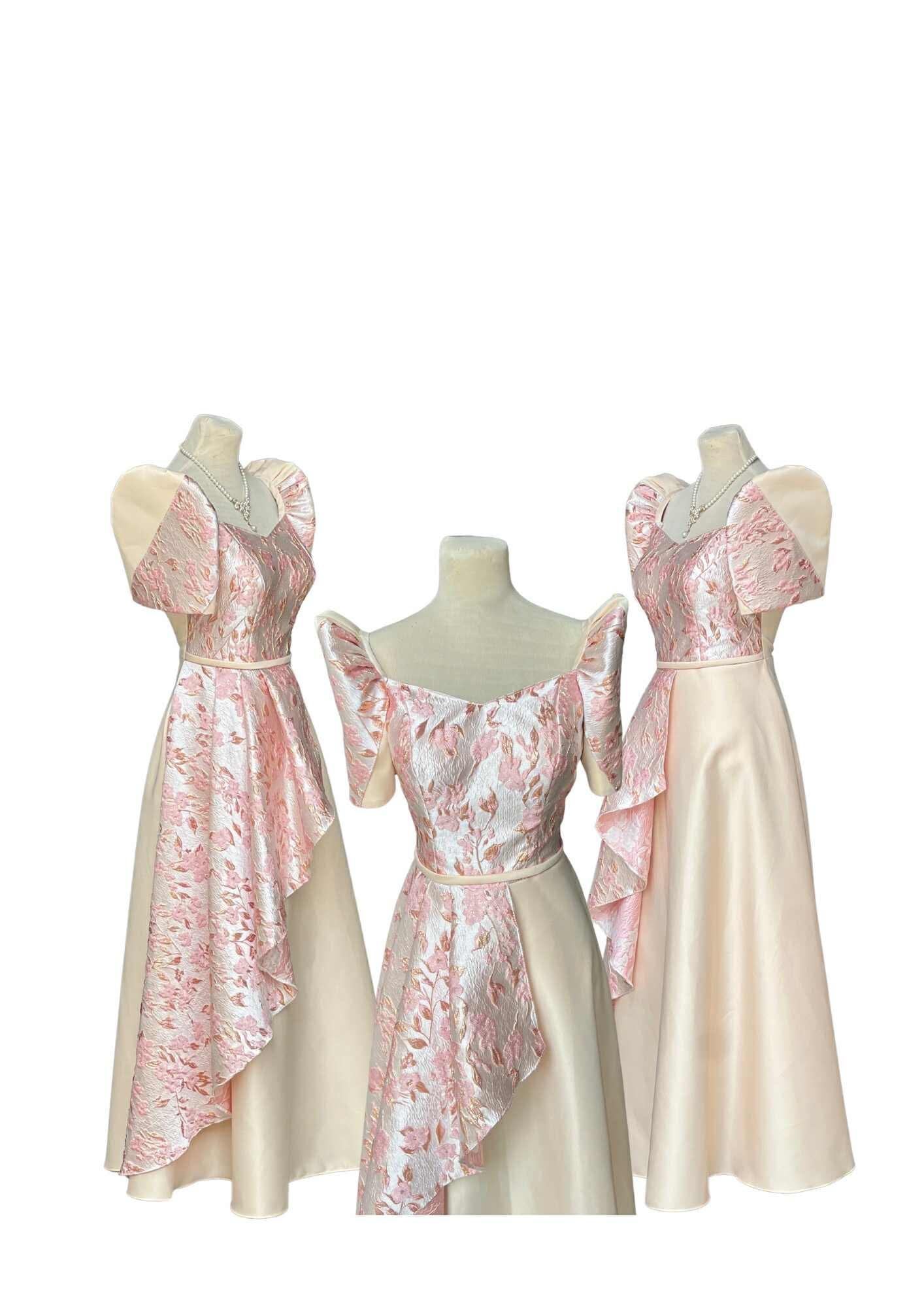 Filipiniana Dress Beige Peach Floral Pristine #026