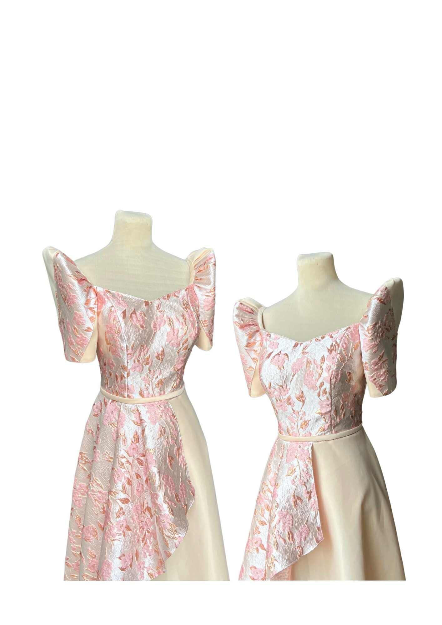 Filipiniana Dress Beige Peach Floral Pristine #026