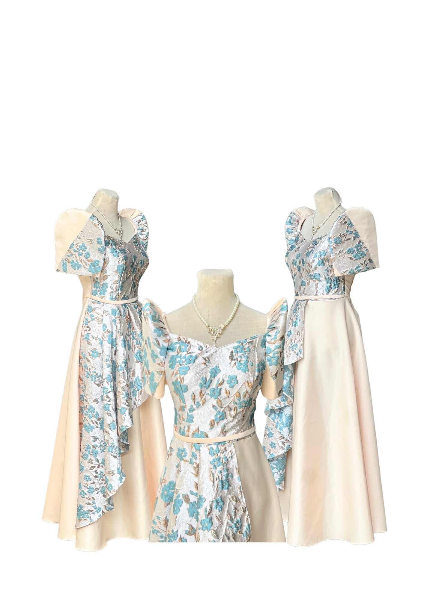 Filipiniana Dress Beige Blue Floral Pristine #029