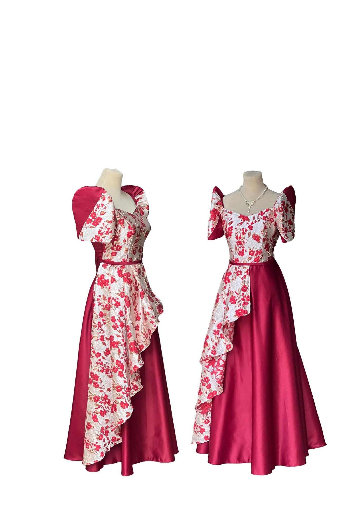Filipiniana Dress Red Floral top Pristine #025