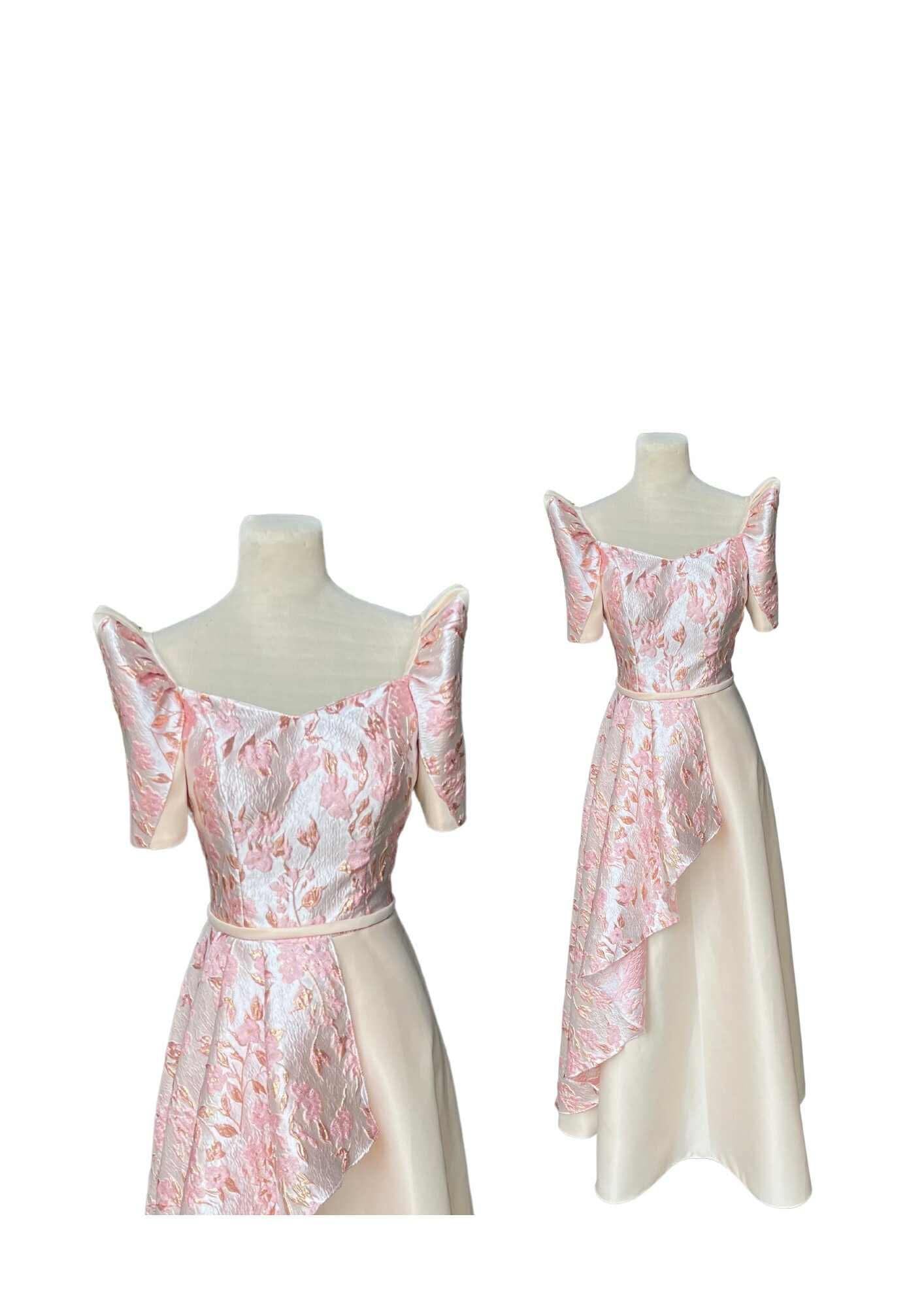 Filipiniana Dress Beige Peach Floral Pristine #026