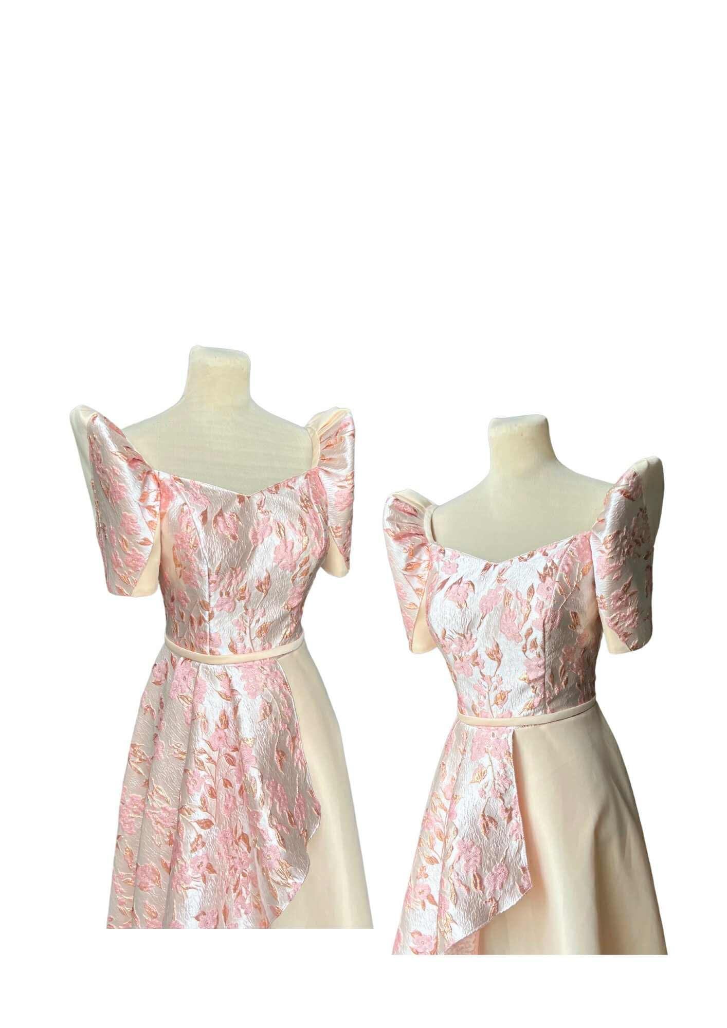 Filipiniana Dress Beige Peach Floral Pristine #026