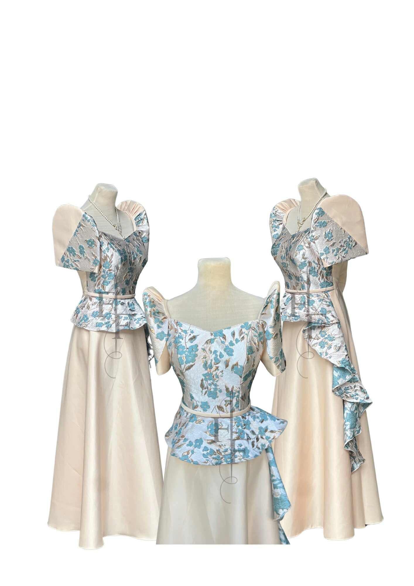 Filipiniana Dress Beige Blue Floral Pristine #029