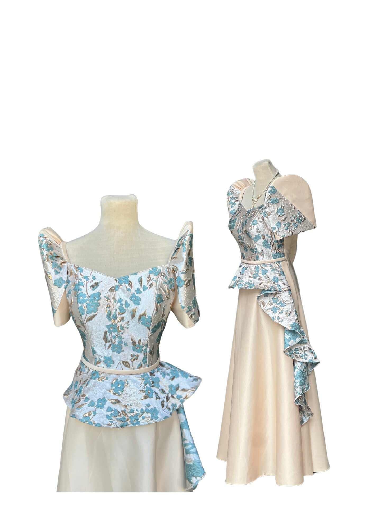 Filipiniana Dress Beige Blue Floral Pristine #029
