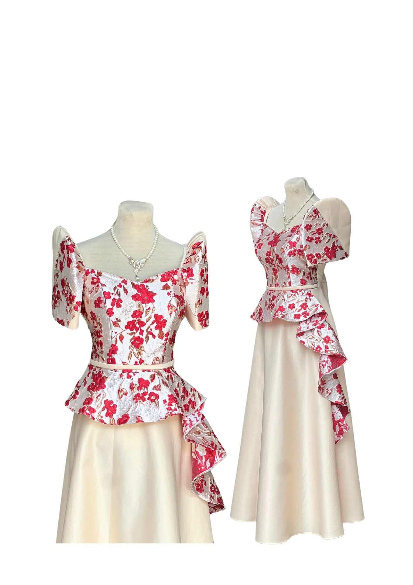 Filipininana Dress Beige with Red Floral Pristine #031