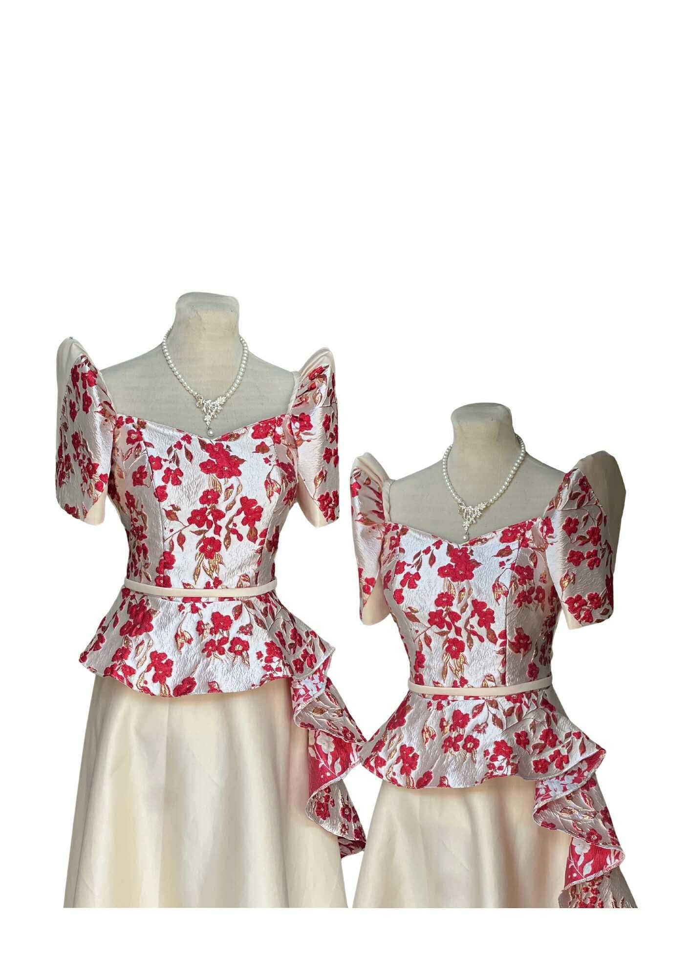 Filipininana Dress Beige with Red Floral Pristine #031