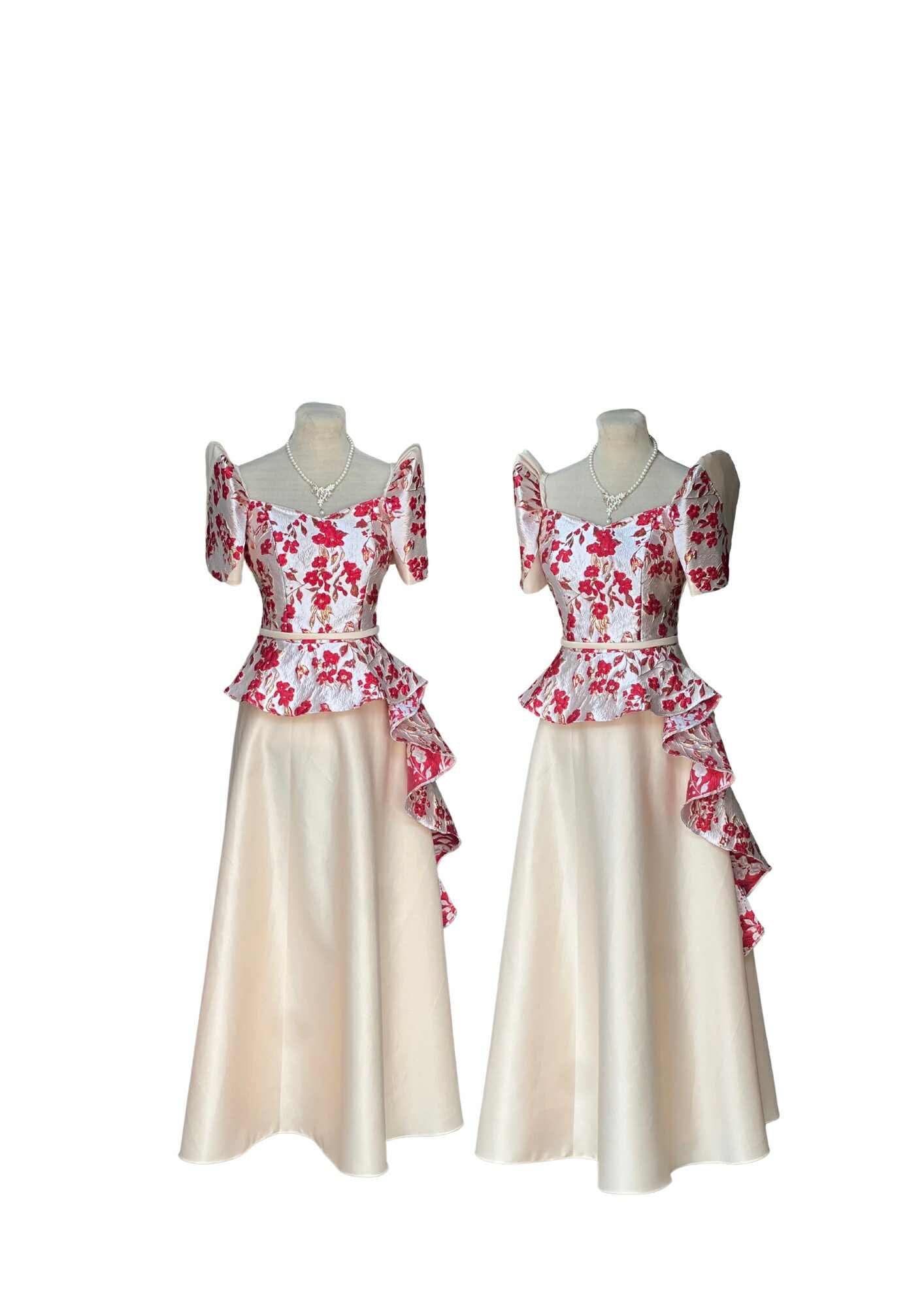Filipininana Dress Beige with Red Floral Pristine #031