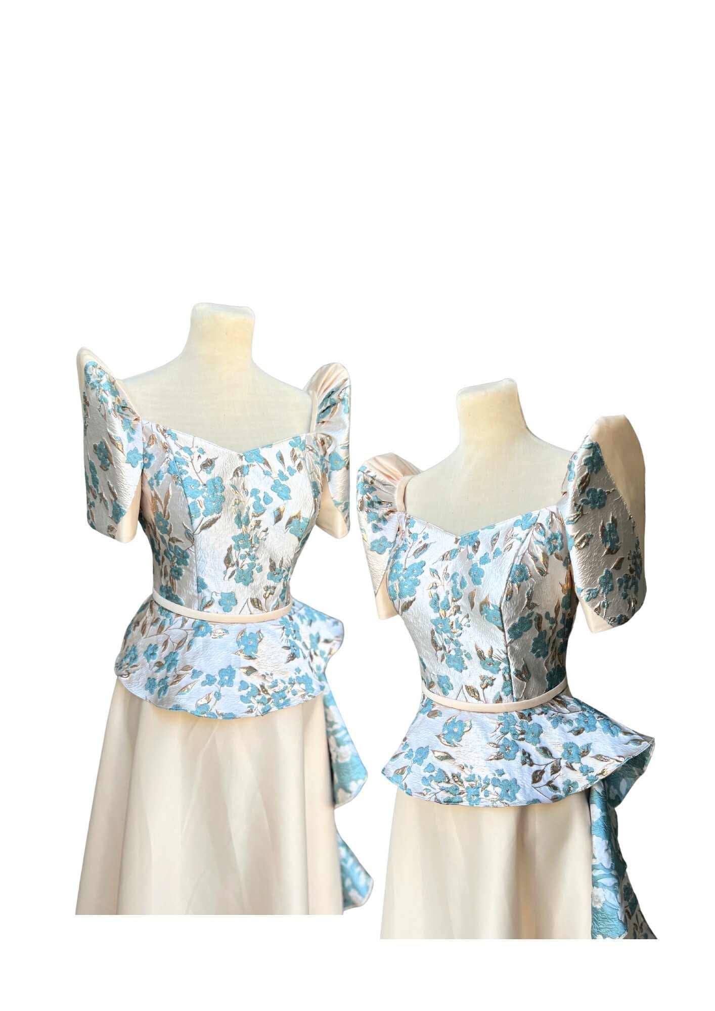 Filipiniana Dress Beige Blue Floral Pristine #029