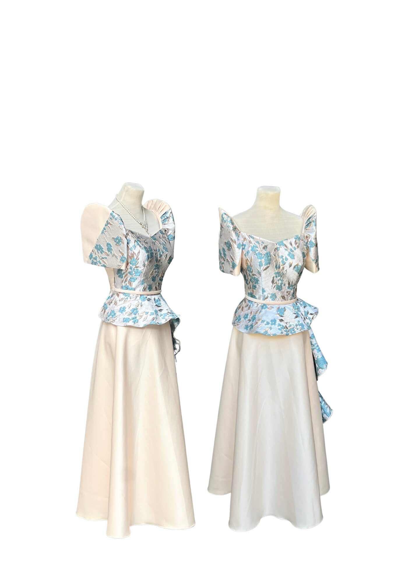Filipiniana Dress Beige Blue Floral Pristine #029