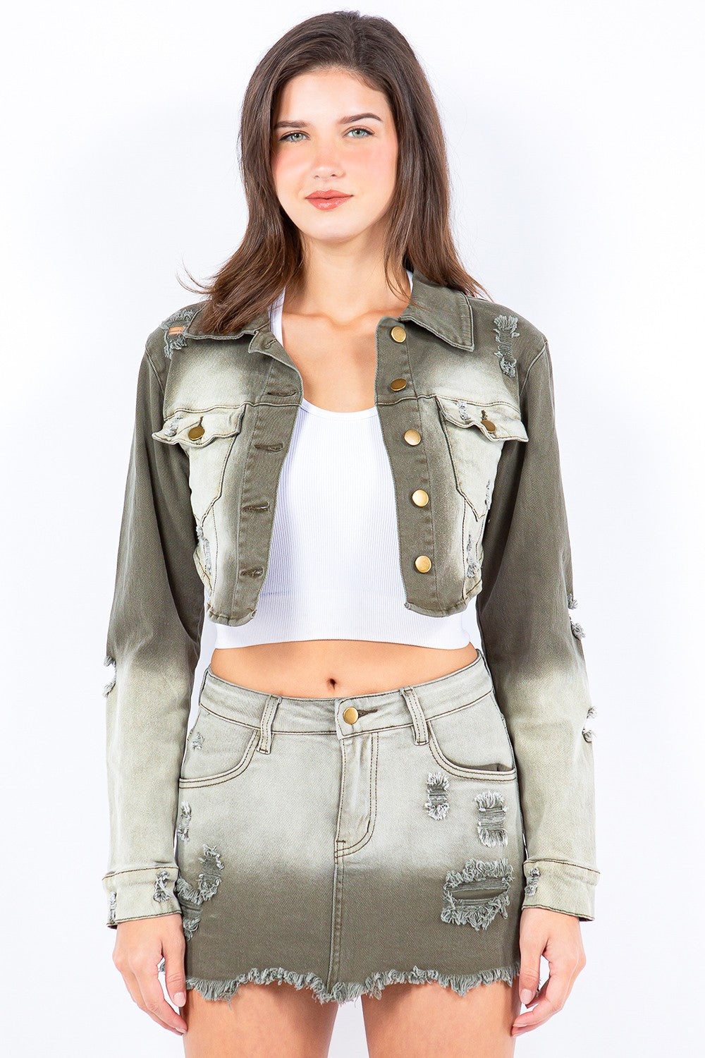 American Bazi Full Size Distressed Frayed Edge Zip Up Denim Jacket Plus Size