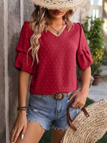 Mandy Swiss Dot V-Neck Short Sleeve Blouse