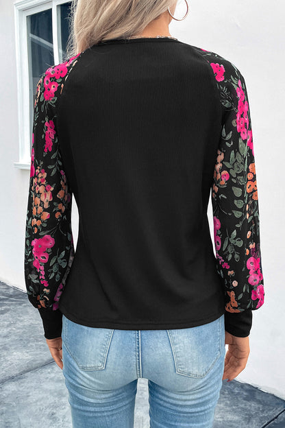 Floral Round Neck Lantern Sleeve Blouse