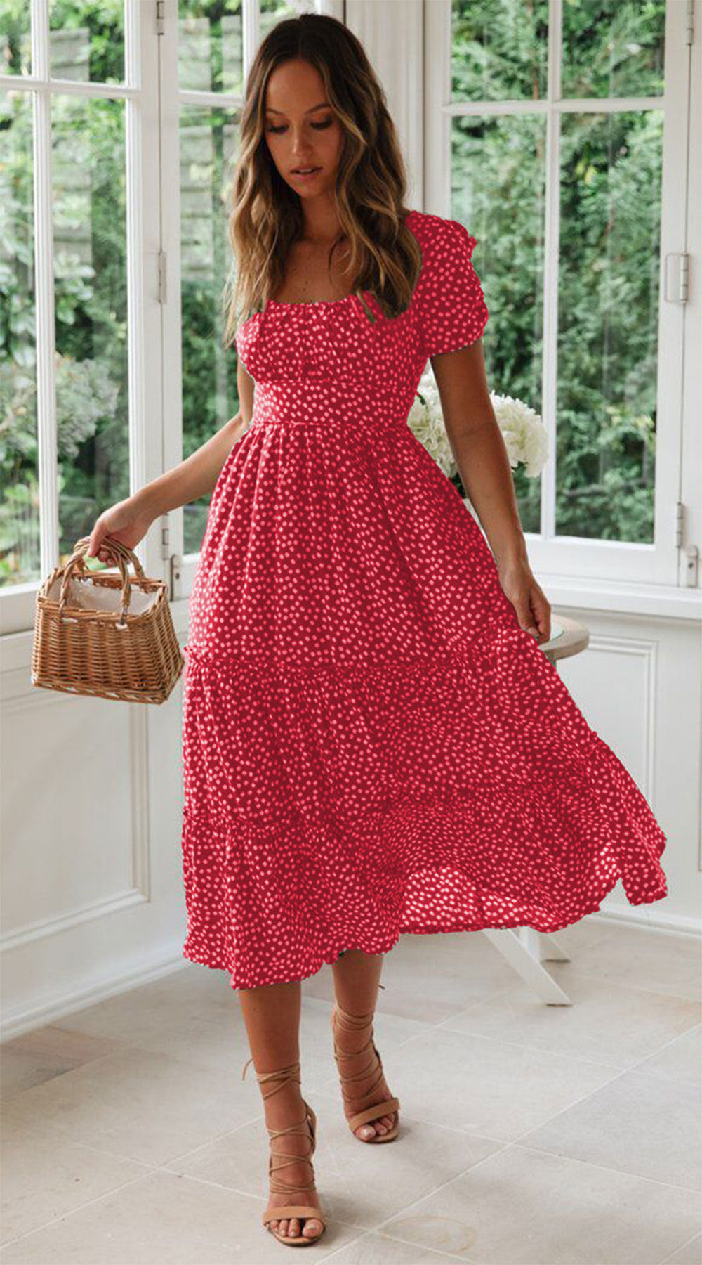 Square Collar Short Sleeve Dress Summer Puff Floral Printed Dress Long Dresses