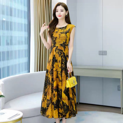 Floral Dress New Waist Round Neck Short-sleeved Iice Silk Long Skirt