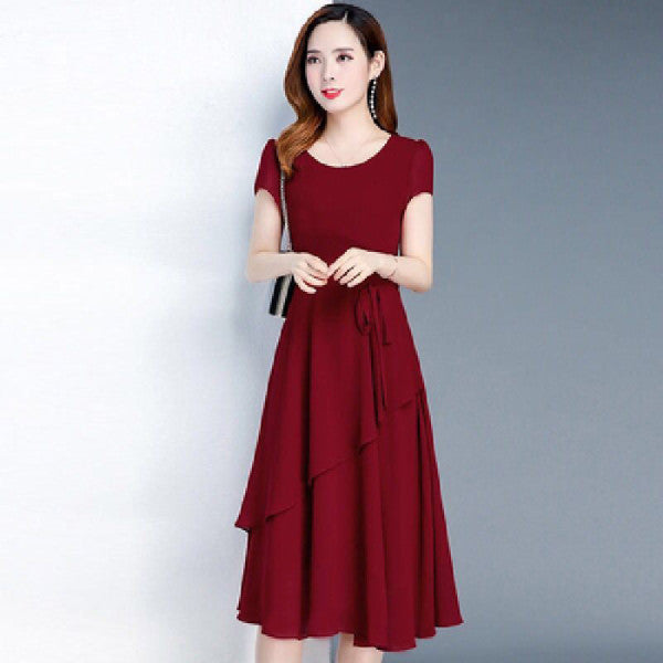 Summer Western-Style Waist, Slimming And Age-Reducing Temperament, Mid-Length Round Neck Dress
