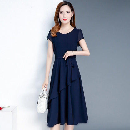Summer Western-Style Waist, Slimming And Age-Reducing Temperament, Mid-Length Round Neck Dress