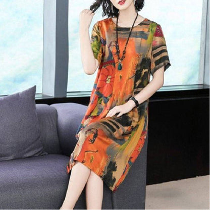 High-Grade Ice Silk Spring And Summer New Short-Sleeved Dress Women's Long Over The Knee Large Size Loose A-Line Skirt