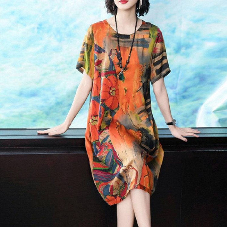 High-Grade Ice Silk Spring And Summer New Short-Sleeved Dress Women's Long Over The Knee Large Size Loose A-Line Skirt