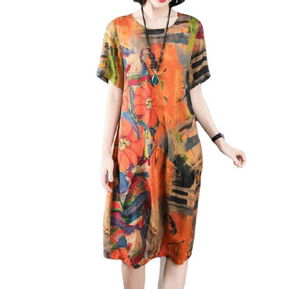 High-Grade Ice Silk Spring And Summer New Short-Sleeved Dress Women's Long Over The Knee Large Size Loose A-Line Skirt