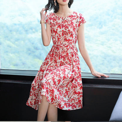 Loose Plus Size Round Neck Short Sleeve Floral Skirt Mother Dress