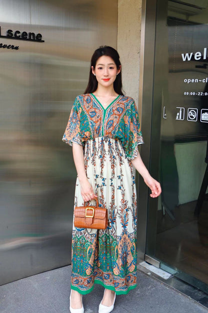 Ethnic Style Cotton Printed V-neck Short Sleeve Dress