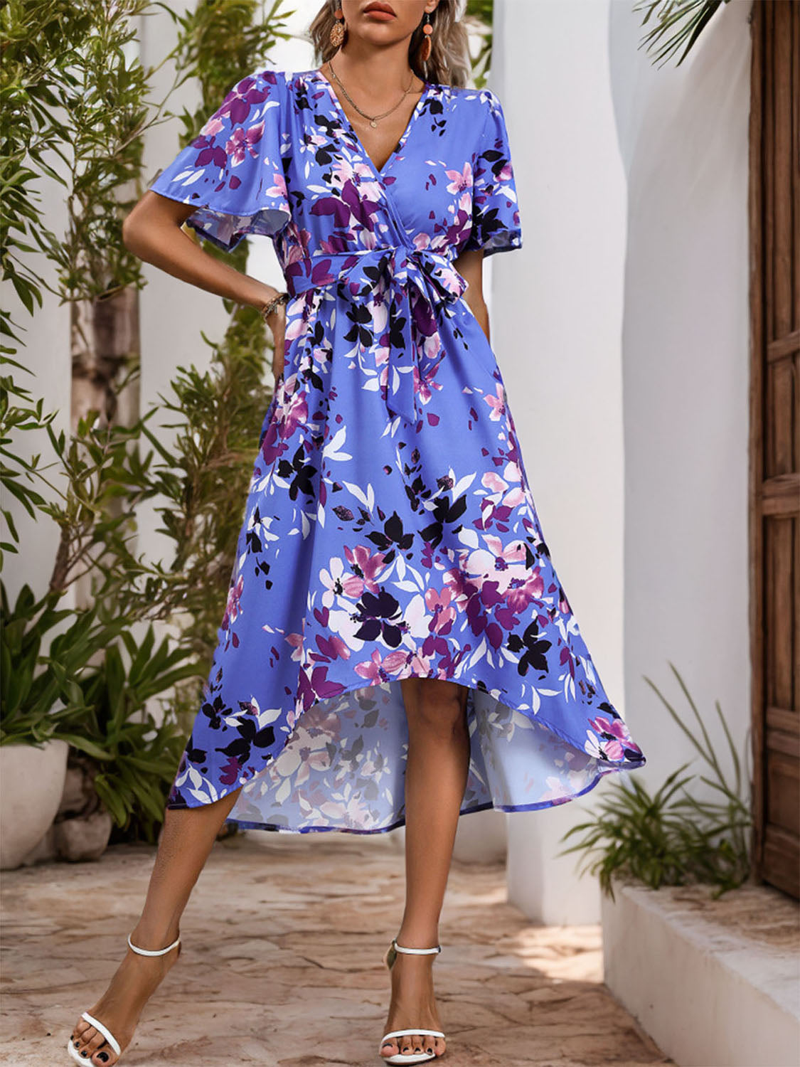 Perfee High-Low Printed Surplice Short Sleeve Midi Dress