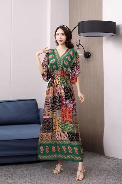 Ethnic Style Cotton Printed V-neck Short Sleeve Dress