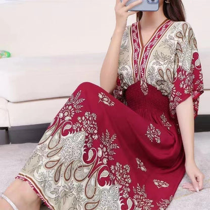 Ethnic Style Cotton Printed V-neck Short Sleeve Dress