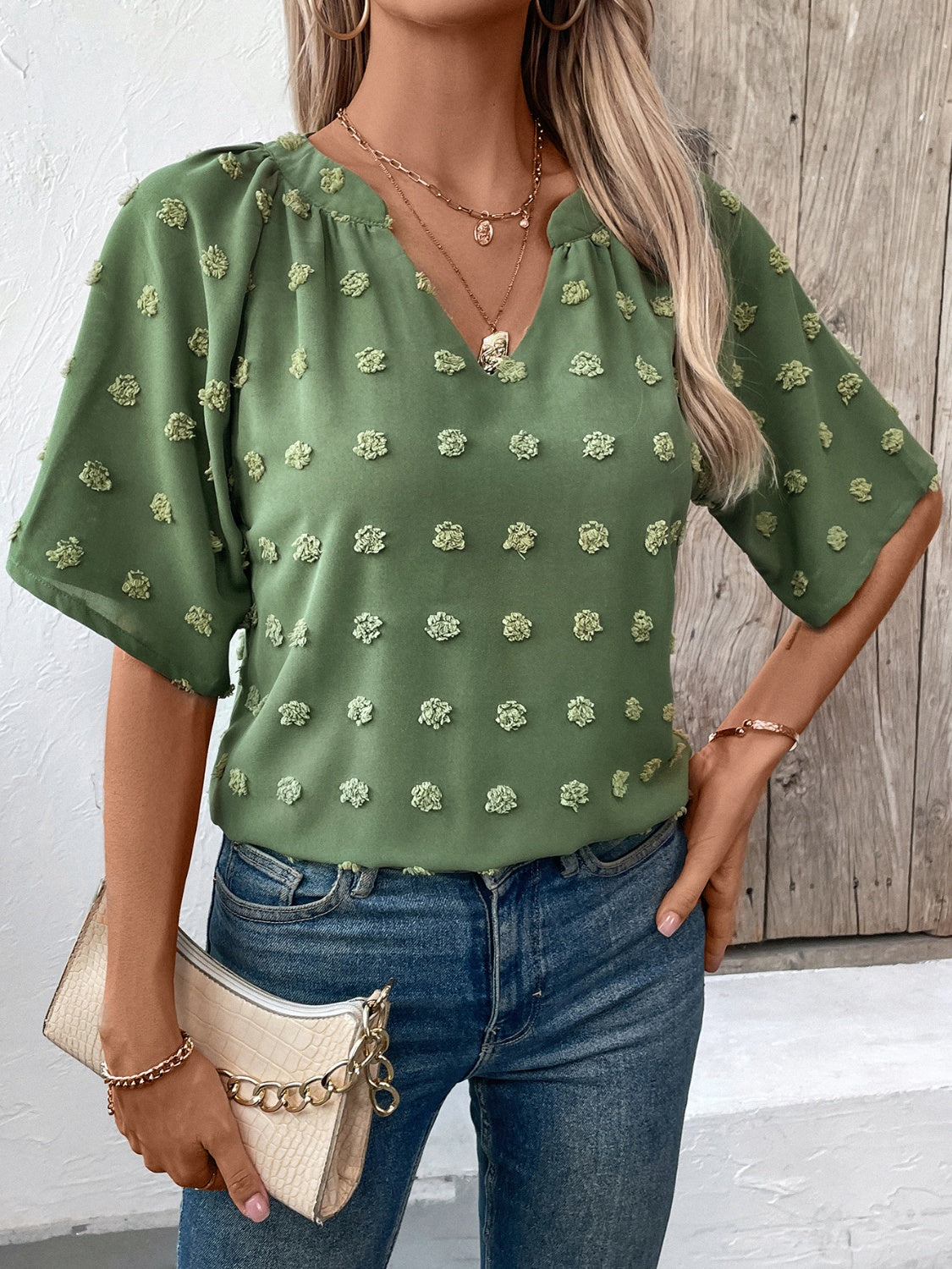 Ivy Lane Swiss Dot Notched Half Sleeve Blouse