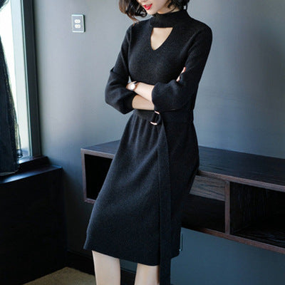 Hollow Sexy Fashion Slim-fit Over-the-knee Mid-length Long-sleeved Sweater Dress