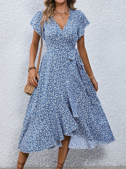 Printed Surplice Flutter Sleeve Midi Dress