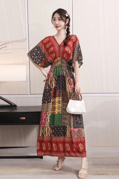 Ethnic Style Cotton Printed V-neck Short Sleeve Dress
