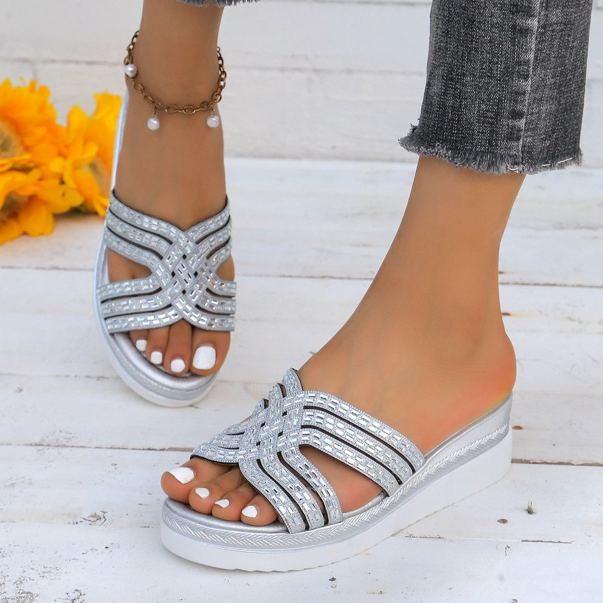 Rhinestone Open Toe Wedge Sandals