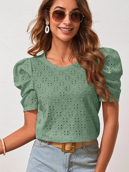 Eyelet Round Neck Puff Sleeve Blouse