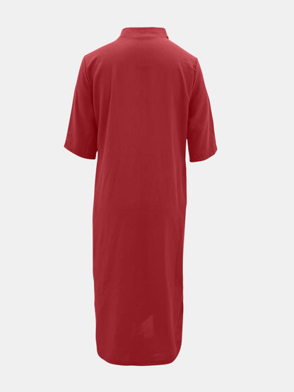 Full Size Notched Half Sleeve Midi Dress