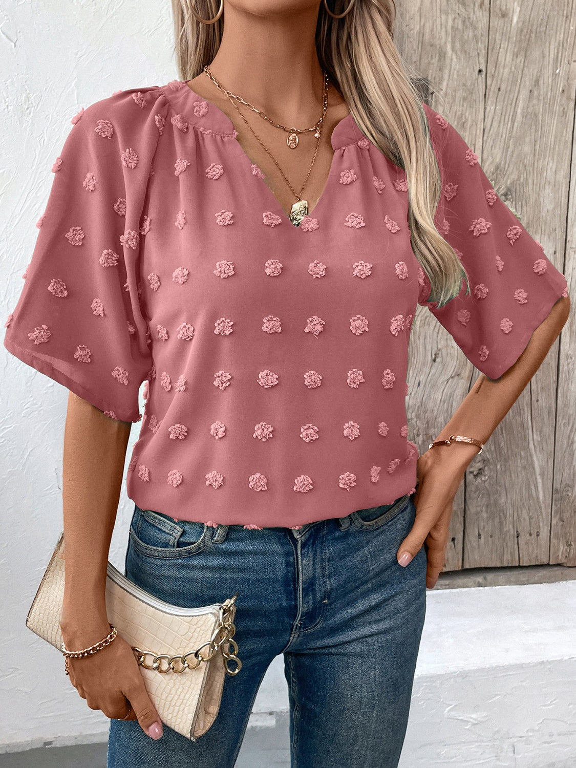 Ivy Lane Swiss Dot Notched Half Sleeve Blouse