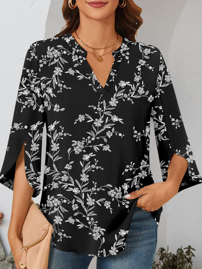 Notched Slit Half Sleeve Blouse