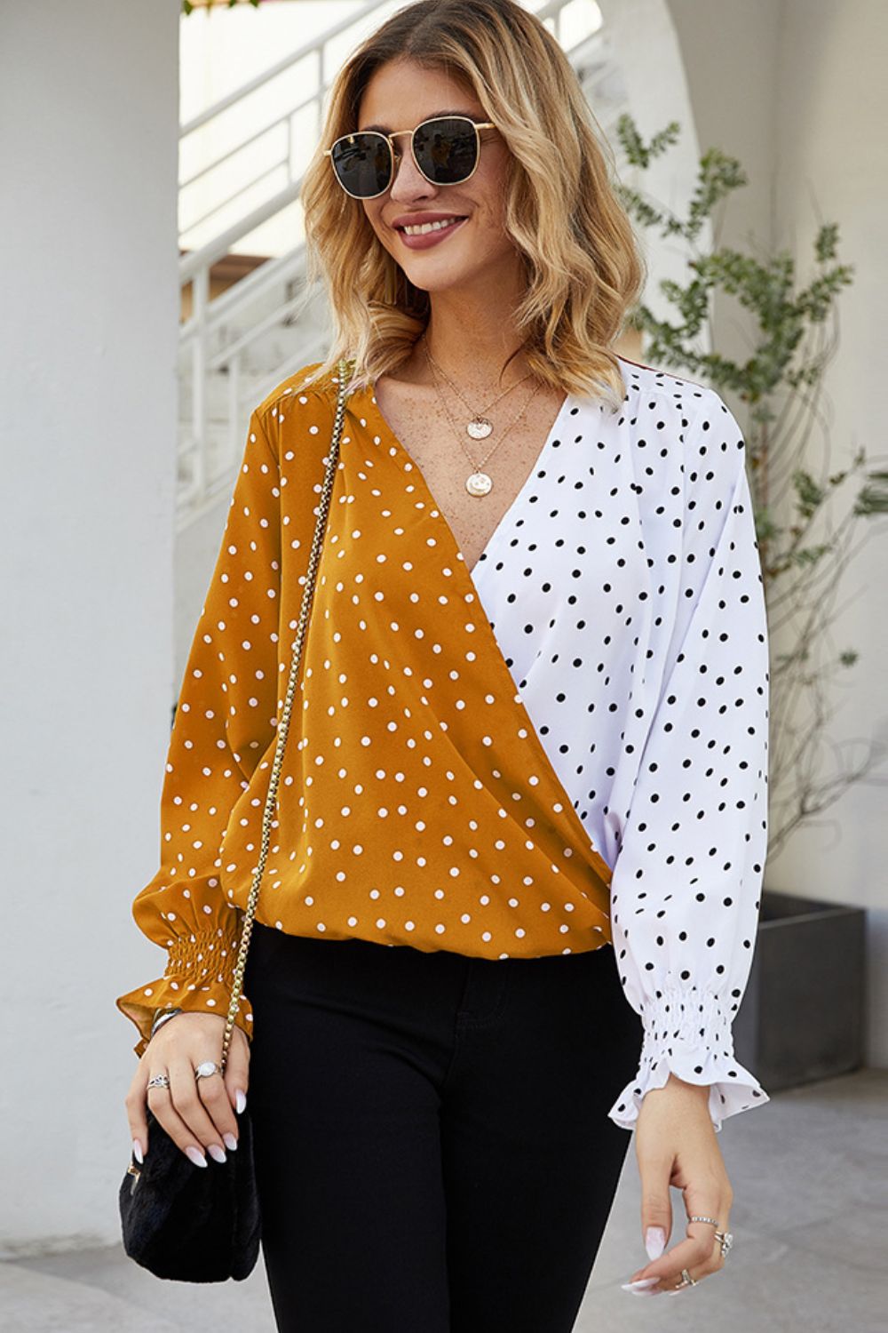 Ivy Lane Polka Dot Surplice Neck Lantern Sleeve Blouse