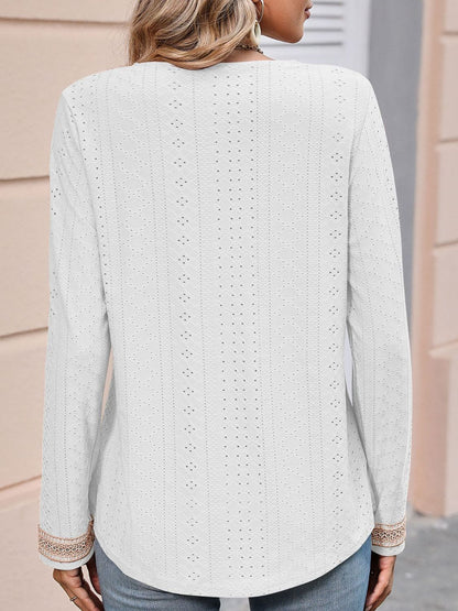 Mandy Contrast V-Neck Eyelet Long Sleeve Top