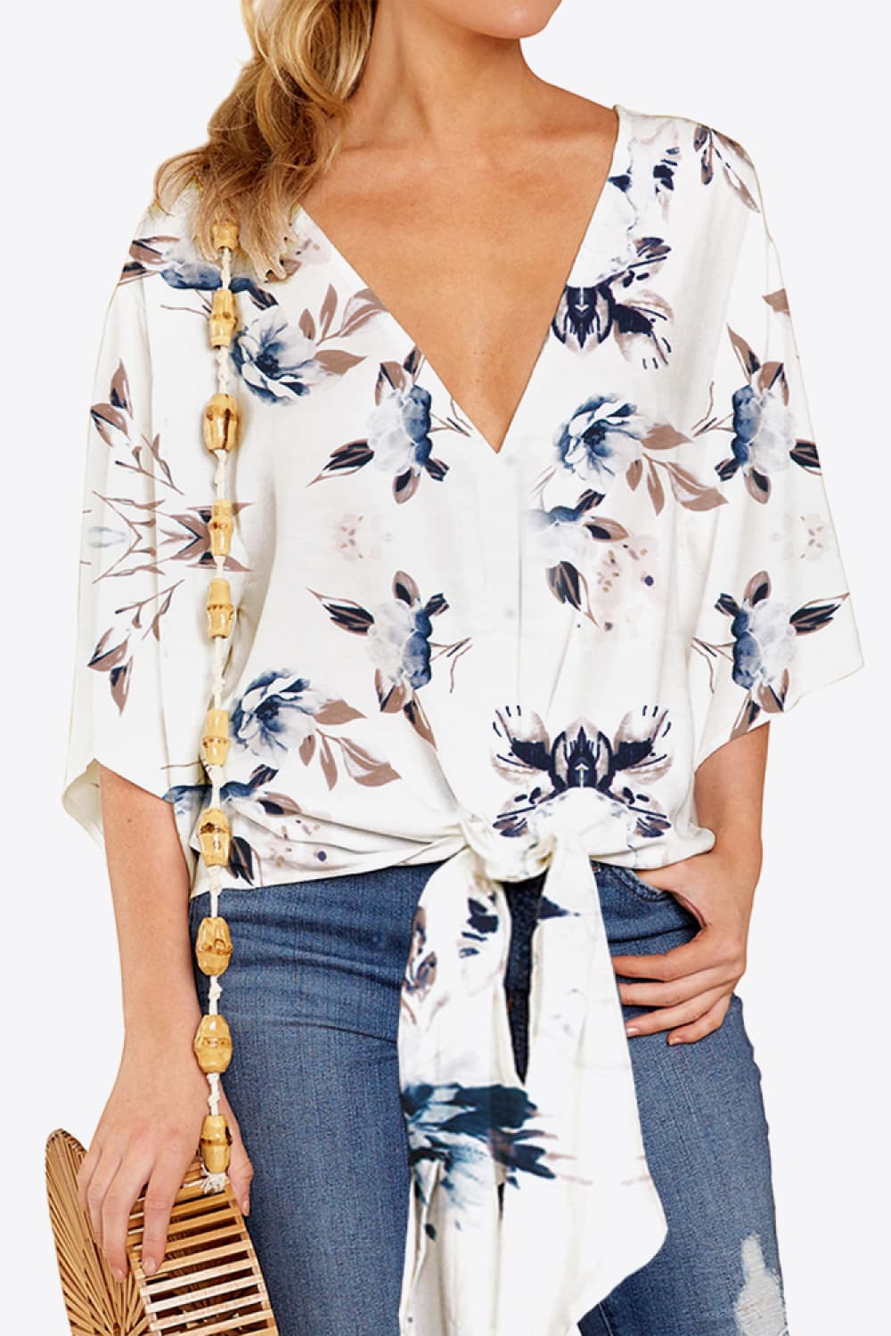 Shiny Printed Deep V Tie Hem Blouse