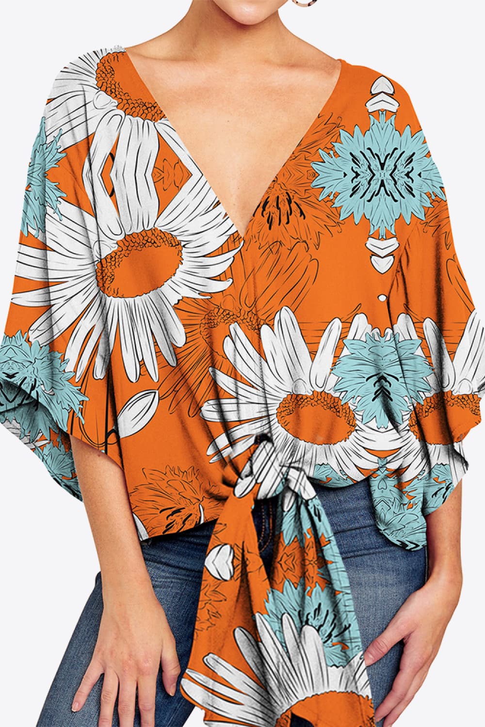 Shiny Printed Deep V Tie Hem Blouse