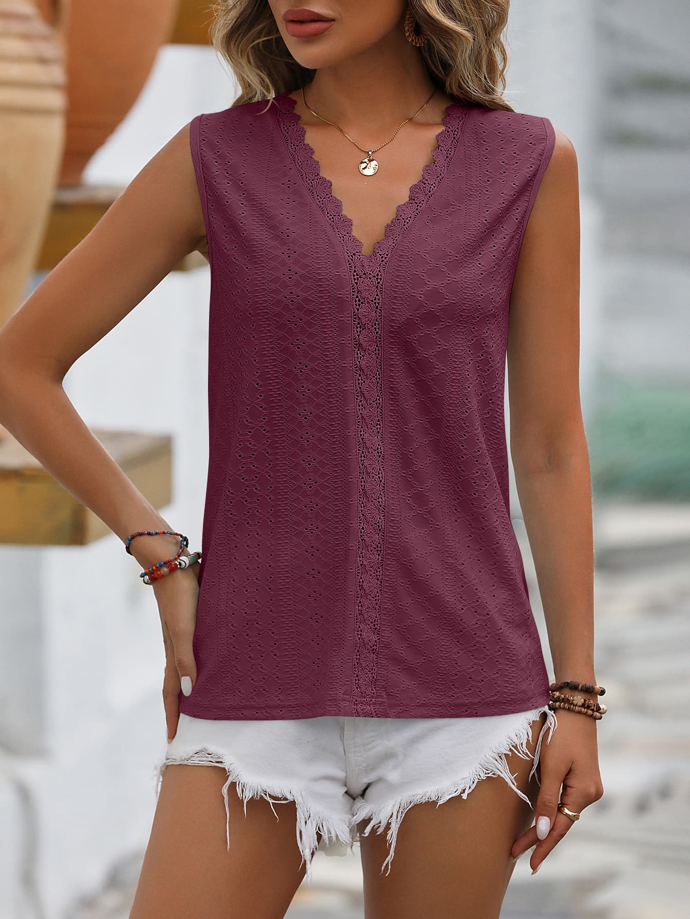 Mandy Spliced Lace V-Neck Sleeveless Tank