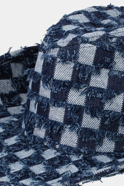 Fame Checkered Fringe Denim Cowboy Hat