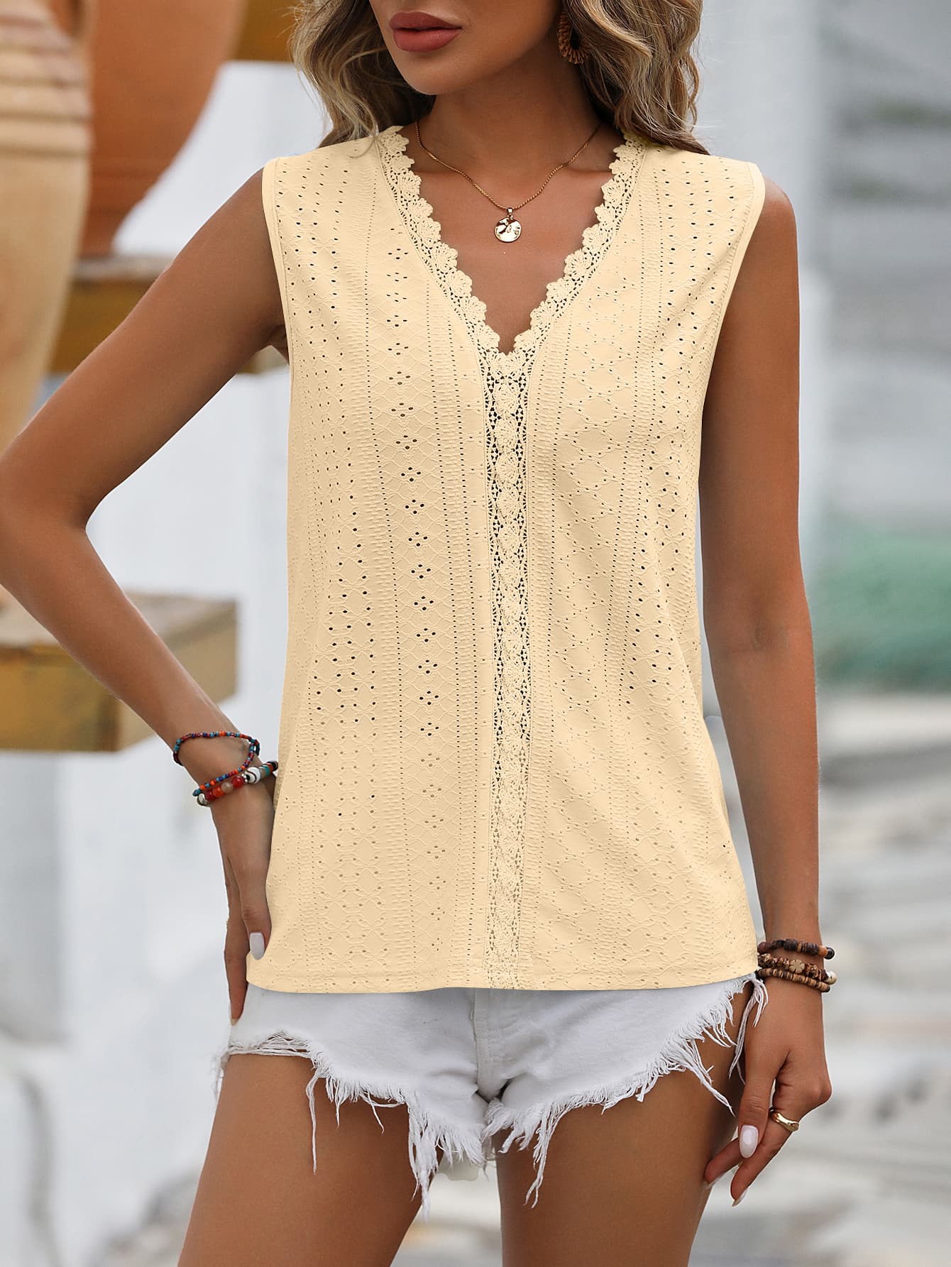 Mandy Spliced Lace V-Neck Sleeveless Tank