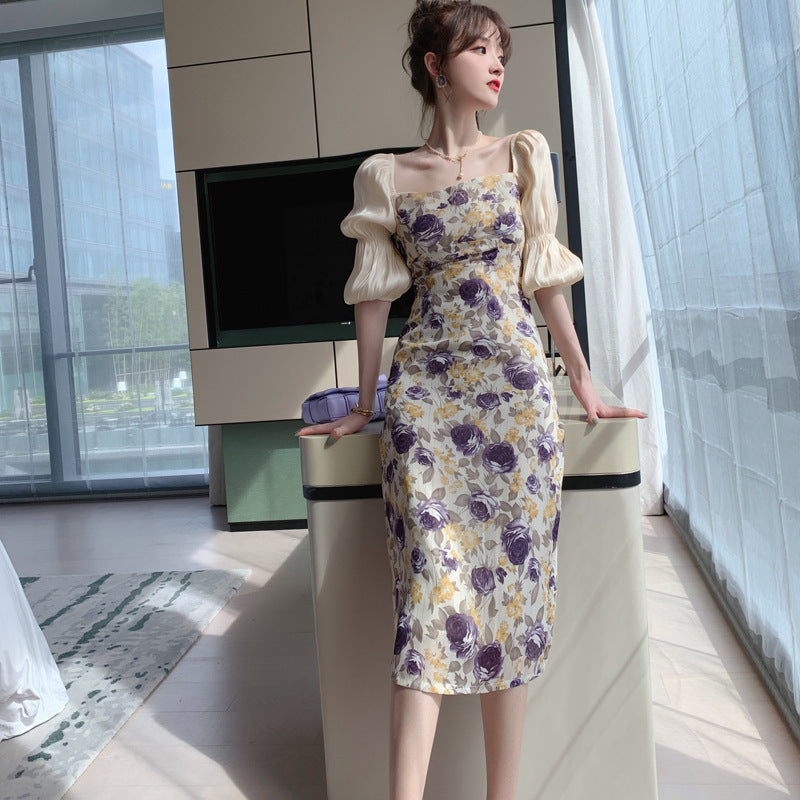 Square Neck Bubble Sleeve Dress Female