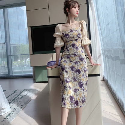 Square Neck Bubble Sleeve Dress Female