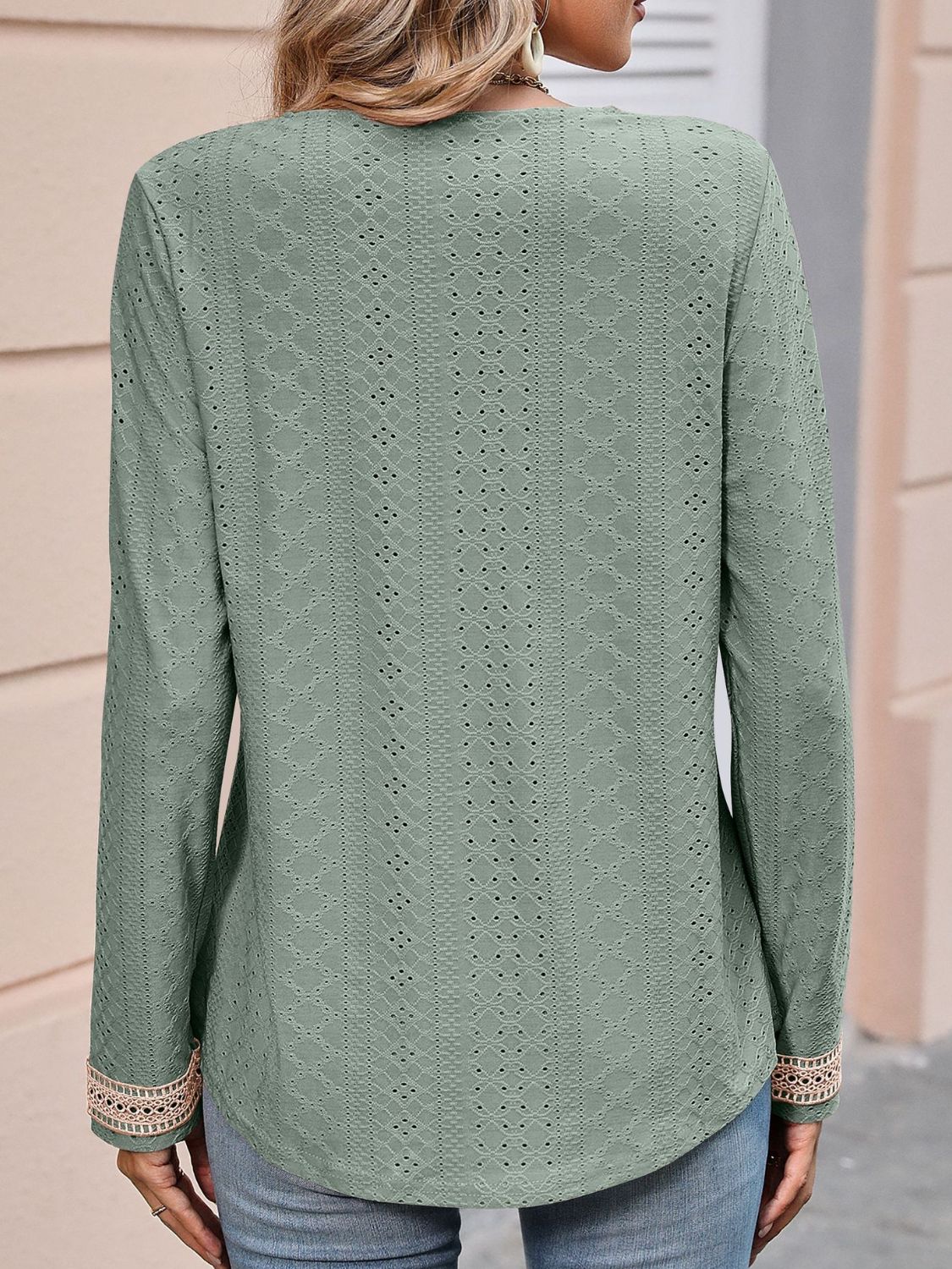 Mandy Contrast V-Neck Eyelet Long Sleeve Top