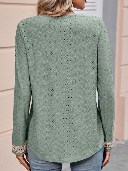 Mandy Contrast V-Neck Eyelet Long Sleeve Top