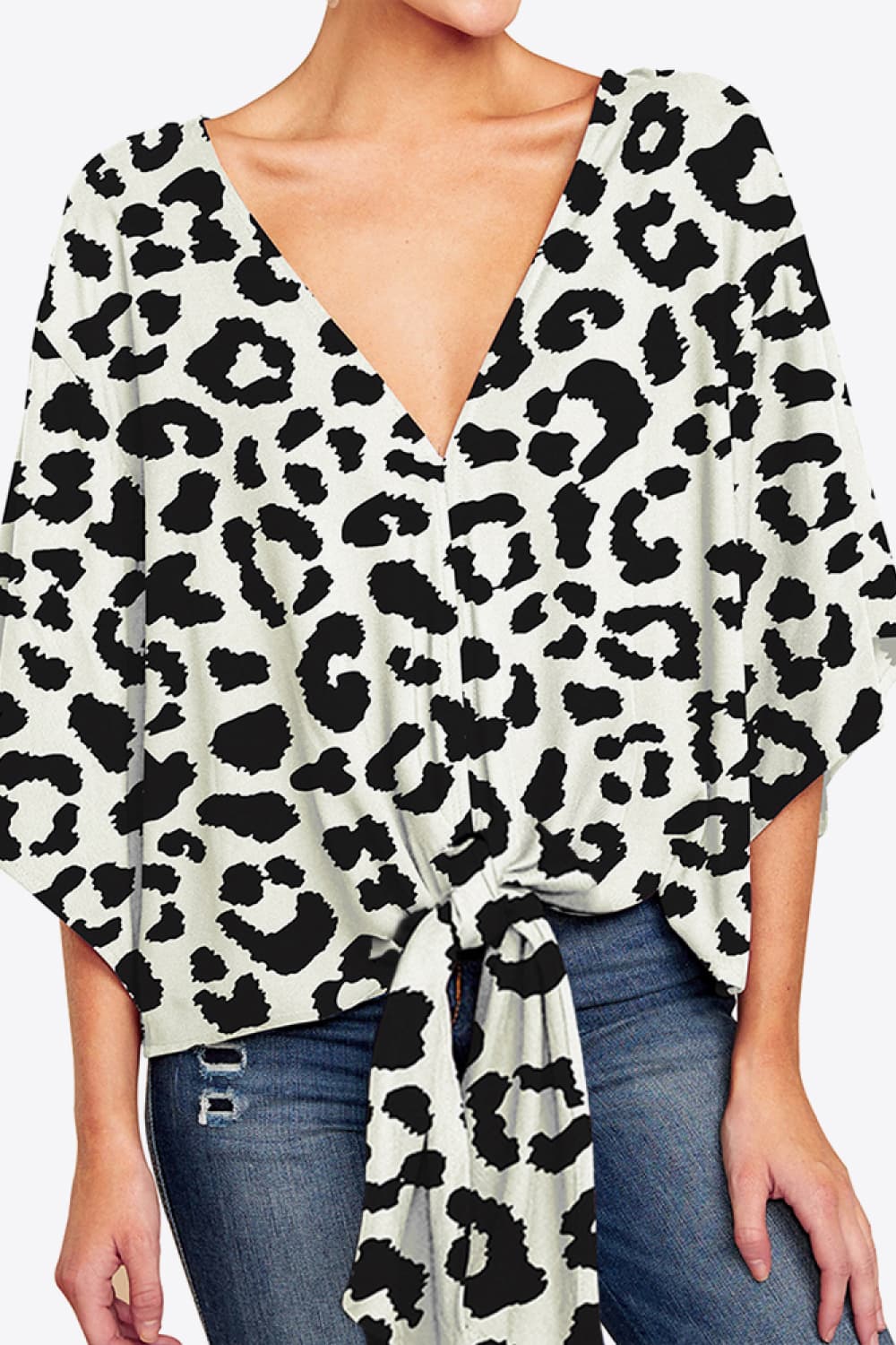 Shiny Printed Deep V Tie Hem Blouse