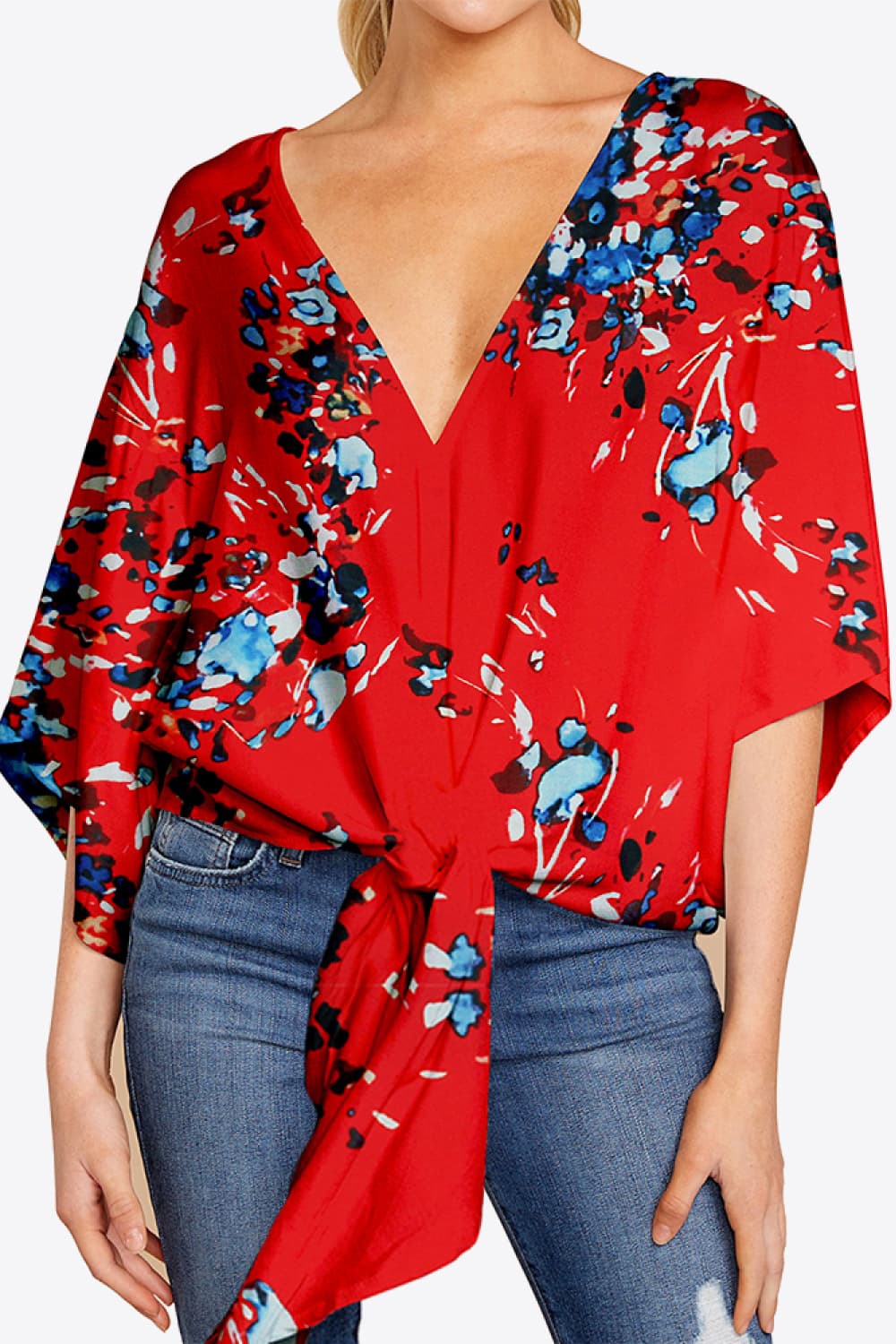 Shiny Printed Deep V Tie Hem Blouse